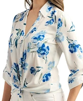 Bcx Juniors' Floral-Print Long-Sleeve Collared Shirt