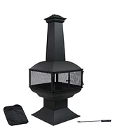 Sunnydaze Decor 57-Inch Black Steel Chiminea with Log Grate, Cover, and Poker - Protective Mesh Screen - 360-Degree Fire View