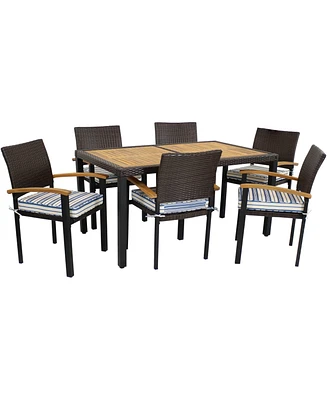 Carlow 7-Piece Rattan and Acacia Outdoor Dining Set - 1 Table 6 Chairs with Seat Cushions Stone Gray