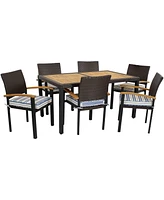 Carlow 7-Piece Rattan and Acacia Outdoor Dining Set - 1 Table 6 Chairs with Seat Cushions Stone Gray