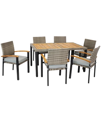 Carlow 7-Piece Rattan and Acacia Outdoor Dining Set - 1 Table and 6 Chairs with Seat Cushions - Stone Gray