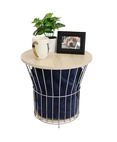 17.25-Inch H Modern Pedestal Wire Side Table with Faux Woodgrain Pull-Open Tabletop - Cream