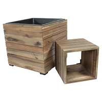 Indoor/Outdoor Wooden Planter Boxes - 2 Acacia Wood Square Plant Pots with Removable Liners Light Brown Stain