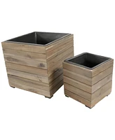 Sunnydaze Decor Outdoor Wooden Planter Boxes - 2 Acacia Wood Square Plant Pots with Removable Liners Anthracite Stain