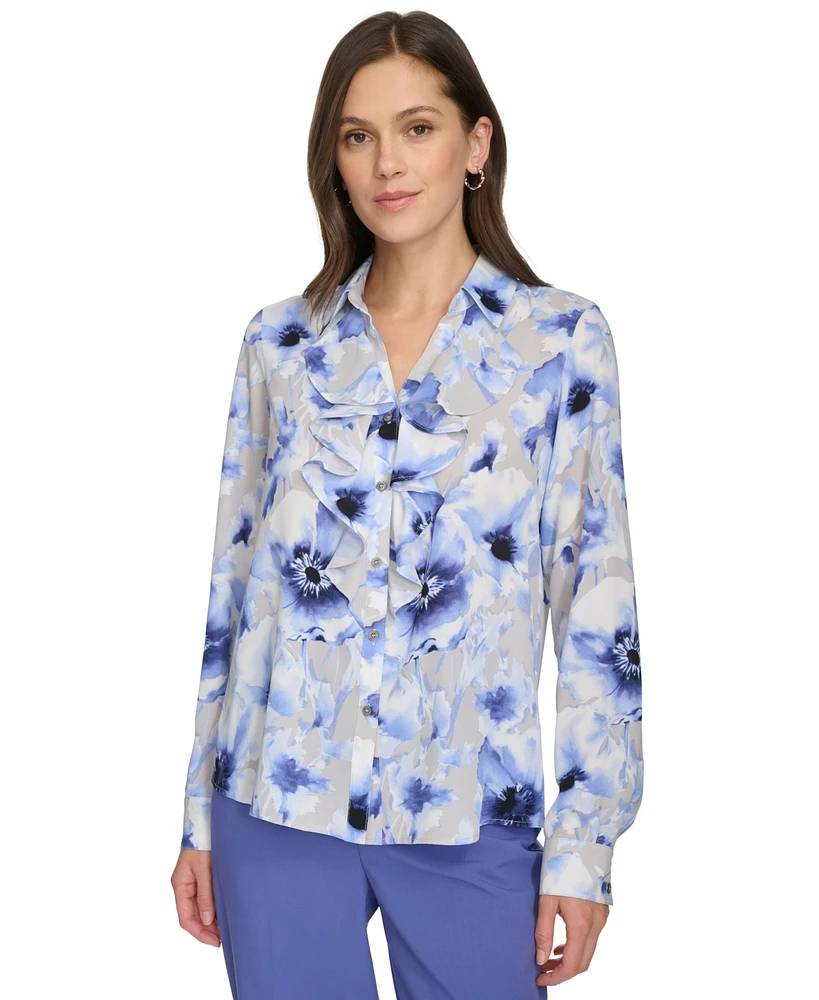 Calvin Klein Women's Printed Ruffle-Collar Blouse