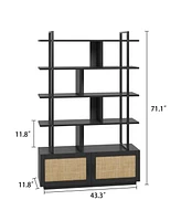 gaomon 5 Tier Rattan Bookshelf with Storage Cabinet & Door