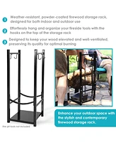 32 Inch Firewood Rack Outdoor with Hooks - Powder-Coated Steel- Indoor Fireplace Log Holder Black