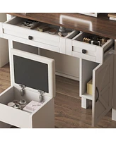 Lovmor Farmhouse Makeup Vanity Desk with Sliding Mirror and Lights and Hairdryer holder and charging socket Multilayer storage Shelves,and 2 drawer an