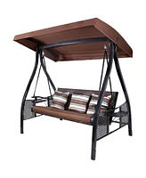 3-Seat Patio Swing with Steel Frame and Canopy - 600-Pound Weight Capacity - Brown Stripe Cushions