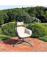 Sunnydaze Decor Oliver Resin Wicker Hanging Egg Chair with Gray Cushions and Steel Stand - 265-Pound Weight Capacity - 76 Inches H