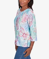 Alfred Dunner Petite Classics Butterfly Crewneck Three Quarter Sleeves Top