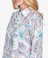 Alfred Dunner Petite Classics Paisley Button Down Cuffed Sleeve Top