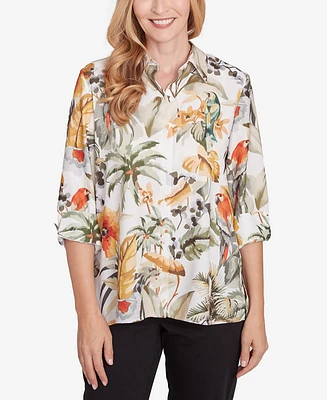 Alfred Dunner Petite Classics Tropical Bird Button Front Top