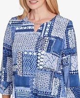 Alfred Dunner Petite Classics Beaded Split Neck Patchwork Top