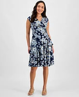 Robbie Bee Petite Printed Jersey Cap-Sleeve A-Line Dress