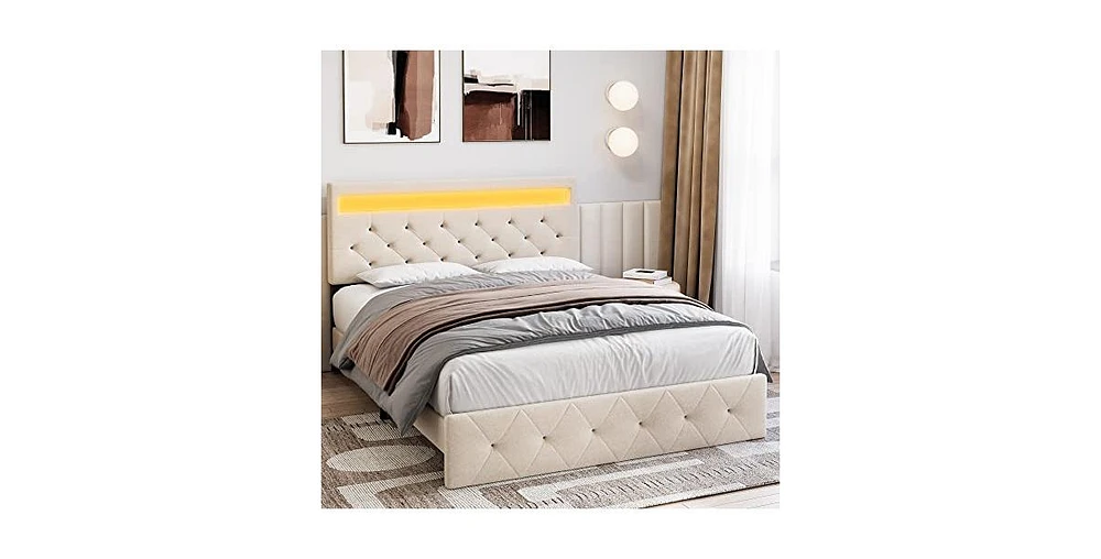 gaomon Queen Size Bed Frame with Charging Station and Led Lights