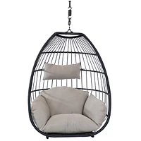 Oliver Hanging Egg Chair with Seat Cushions - Black Resin Wicker Frame with Gray Polyester Cushions - 48-Inch