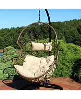 Sunnydaze Decor Lorelei Hanging Egg Chair - Outdoor Patio Lounge Seat - Boho Style Furniture - Resin Wicker Basket Design - Includes Beige Cushion