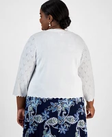Robbie Bee Plus Pointelle Knit 3/4-Sleeve Open-Front Shrug