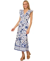 Adrianna by Papell Women's Cotton Ruffle V-Neck Midi Dress