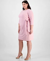 Tahari Plus Side-Tie Back-Belted 3/4-Sleeve Dress