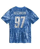 Outerstuff Big Girls Aidan Hutchinson Blue Detroit Lions Sequin V-Neck Fashion Jersey