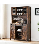 gaomon 70" Farmhouse Bar Wine Cabinet with Sliding Barn Doors, Coffee Liquor Cabinets with Storage Shelves and Glasses Rack for Kitchen