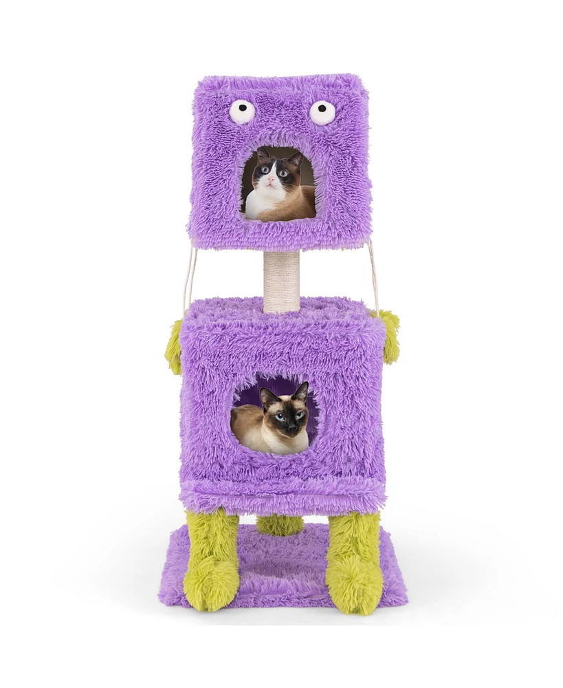 Gymax Cat Tree Cute Monster-Themed Cat Tower w/ 2 Private Condos & Soft Long Plush