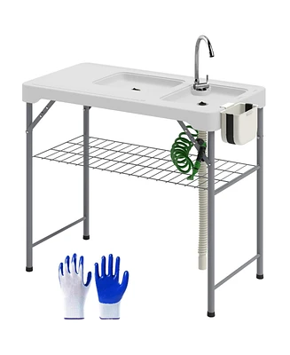 Outsunny Folding Fish Cleaning Table Camping Sink Table with Faucet,