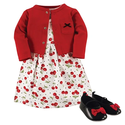 Hudson Baby Girls Cotton Dress, Cardigan and Shoe 3pc Set, Cherries, 6-9 Months