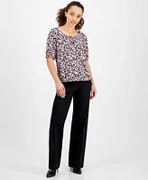 Ak Anne Klein Petite Elbow-Sleeve Keyhole-Cutout Floral-Print Top