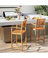 Gymax Set of Outdoor Acacia Wood Bar Stools Bar Height Patio Chairs w/ Backrests