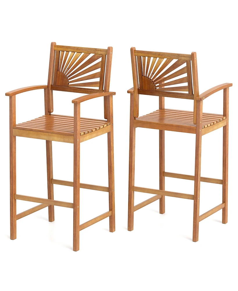 Gymax Set of Outdoor Acacia Wood Bar Stools Bar Height Patio Chairs w/ Backrests