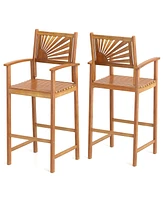 Gymax Set of Outdoor Acacia Wood Bar Stools Bar Height Patio Chairs w/ Backrests