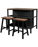 Lovmor Solid Wood Rustic 3-piece 45" Stationary Kitchen Island Set with 2 Seatings, Rubber Wood Butcher Block Dining Table Set