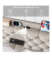 gaomon Upholstered Platform Bed Frame, Bed Frame with Charging Station, Storage Shelf and Usb Ports, Luxurious Linen Upholstery Platform Bed with Wing