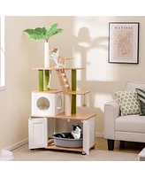 Gymax All-in-One Cat Tree w/ Litter Box Enclosure Cat Tower Scratching Posts Ladder