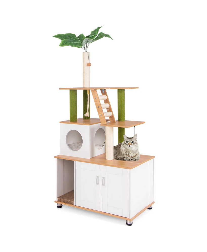 Gymax All-in-One Cat Tree w/ Litter Box Enclosure Cat Tower Scratching Posts Ladder