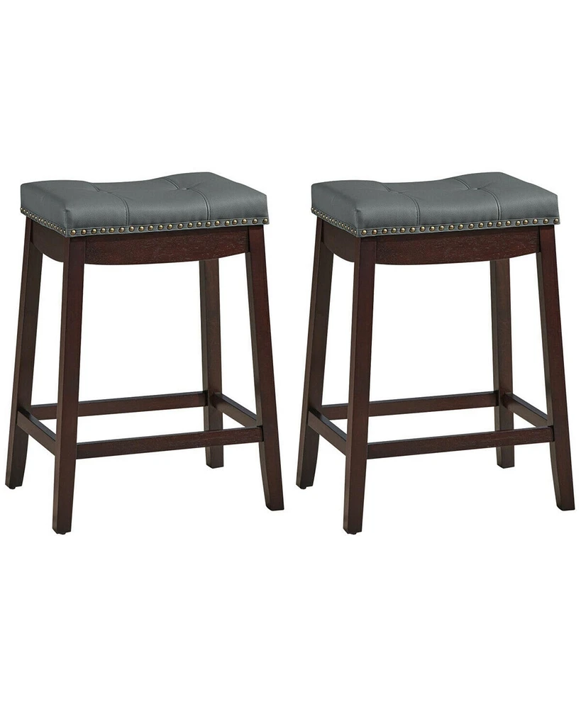 Gymax Set of 2 Nailhead Saddle Bar Stools 24'' Counter Stools with Cushion