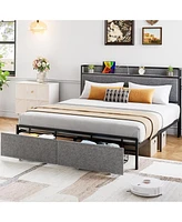 gaomon King Size Bed Frame with Charging Station and 2 Storage Drawer, Upholstered Platform Bed with Headboard, Usb Port & Outlets, No Box Spring Need