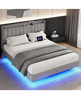 gaomon Full Size Floating Bed Frame with Led Lights, Upholstered Platform Bed Frame with Charging Station & Storage Headboard, No Box Spring Needed