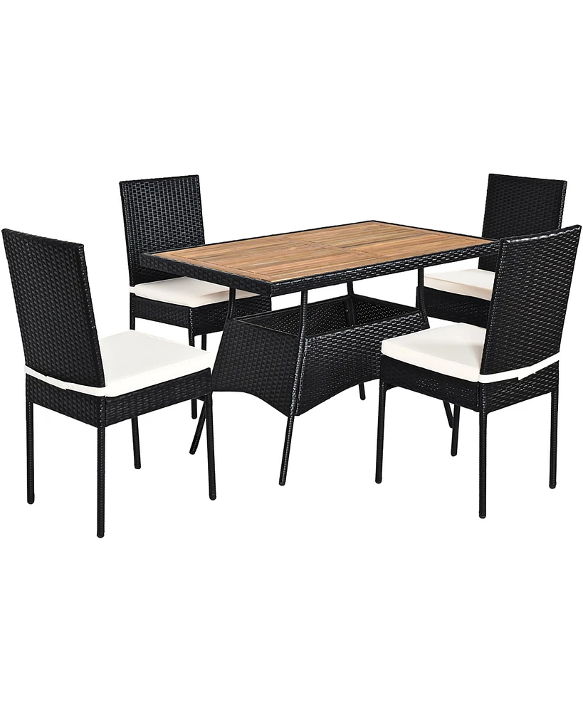 Costway 5 Pcs Patio Rattan Furniture Set Wood Top Table Cushioned Chairs Garden Yard Deck