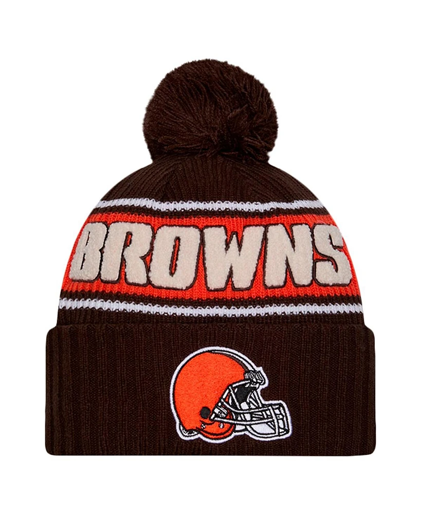 New Era Men's Brown Cleveland Browns 2024 Sideline Cuffed Knit Hat with Pom