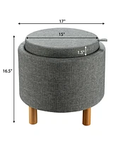 Gouun Round Fabric Storage Ottoman with Tray and Non-Slip Pads for Bedroom