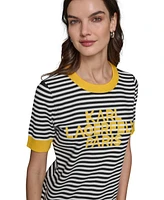 Karl Lagerfeld Paris Petite Striped Logo Short-Sleeve Sweater