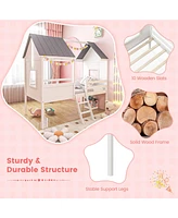 Gouun Twin Size Kids House Bed Low Loft Bed Frame with Roof