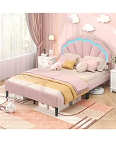Gouun Upholstered Led Bed Frame with Adjustable Flower Headboard and Metal Support Feet-Full Size