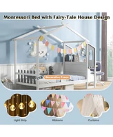 Full-Size Kids Bed Frame with House Roof, Canopy, and Fence Design
