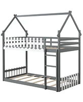 Gouun Twin Over Twin Bunk Bed with Fence and Ladder for Kids