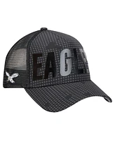 New Era Men's Black Philadelphia Eagles Throwback Midnight Ink Tonal Text A-Frame Trucker 9FORTY Adjustable Hat